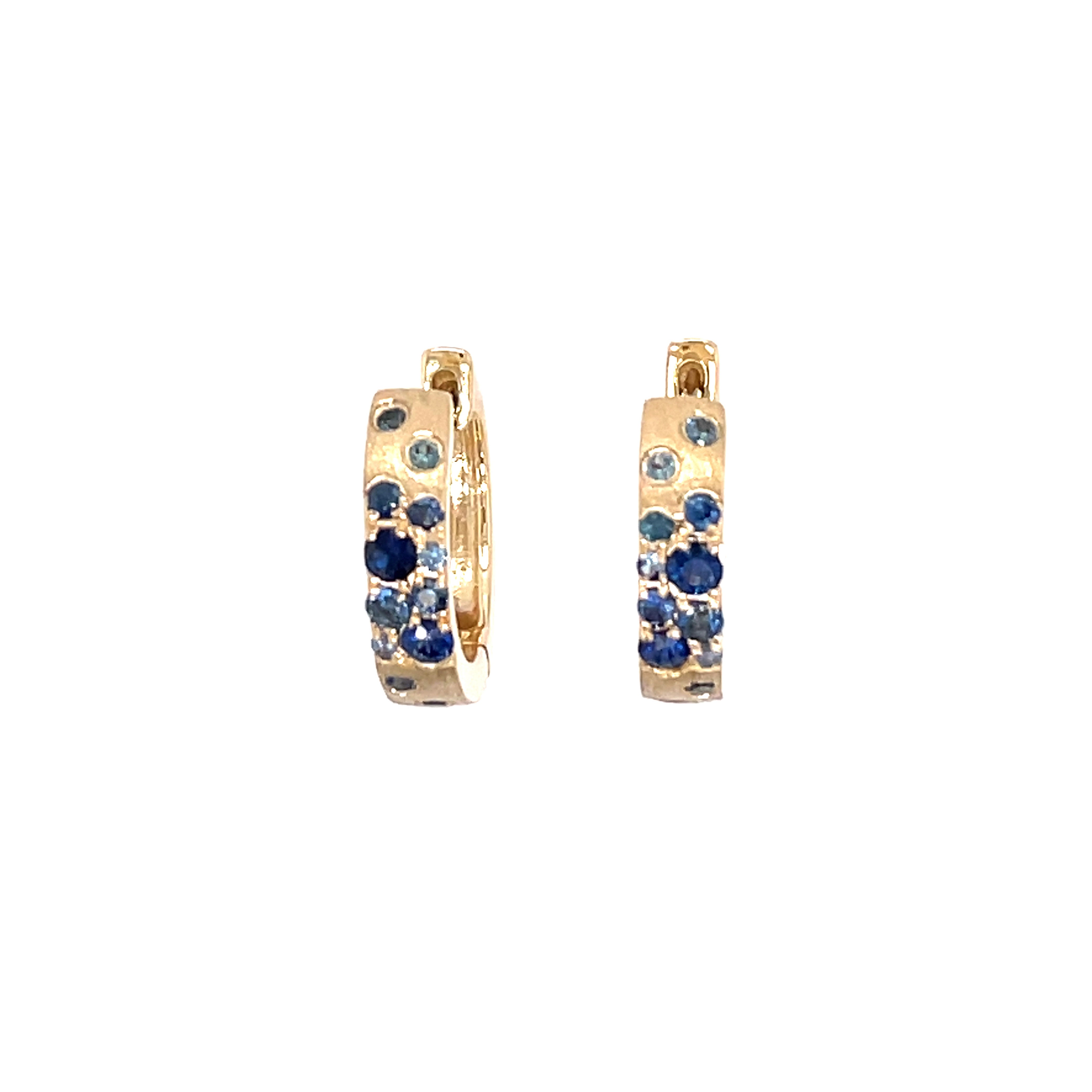 14 karat yellow gold confetti hoop earrings with sapphires
