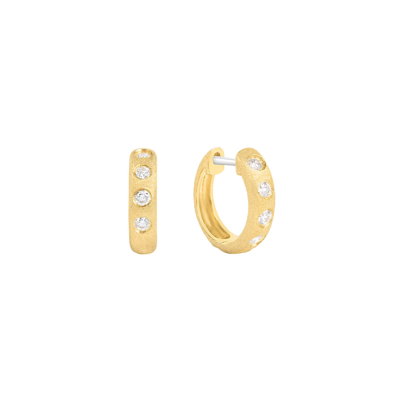 14 Karat Yellow Gold With Huggie earrings with flush set diamonds
