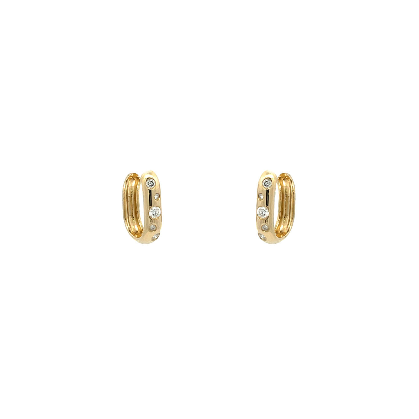 14 Karat Yellow Gold Cushion Huggie Earrings With Diamonds