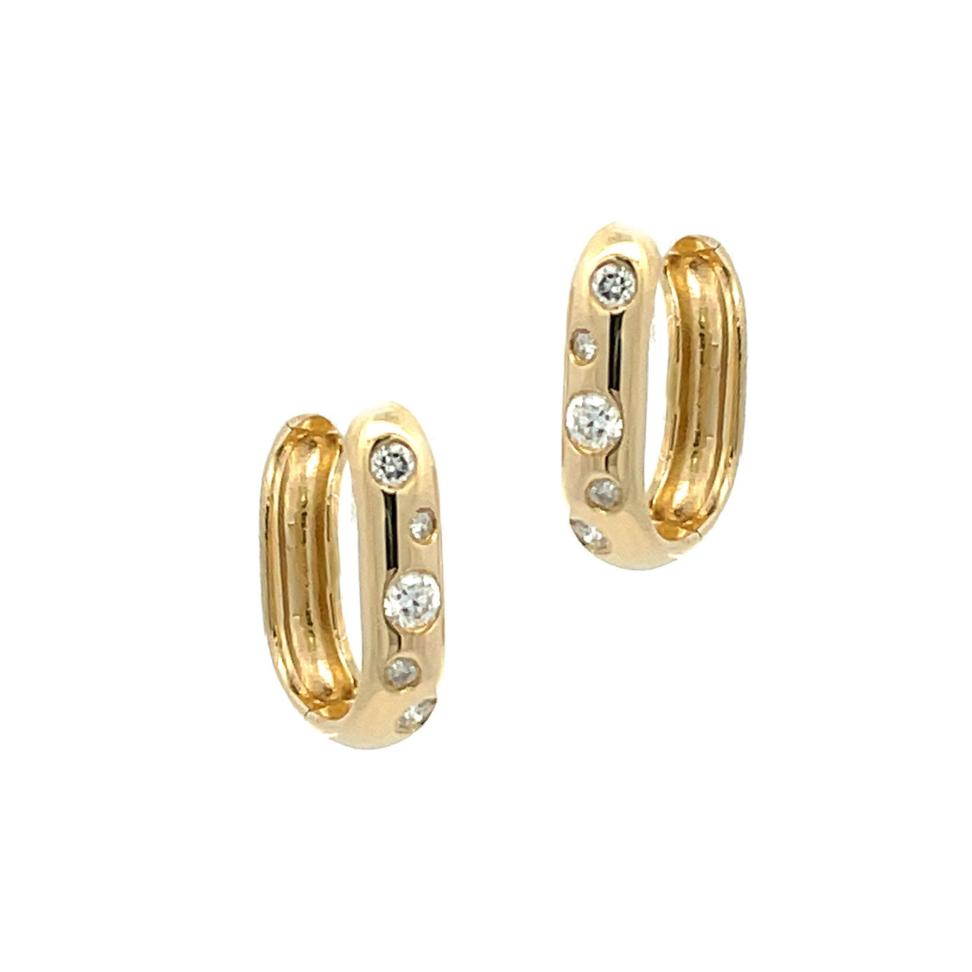 14 Karat Yellow Gold Cushion Huggie Earrings With Diamonds