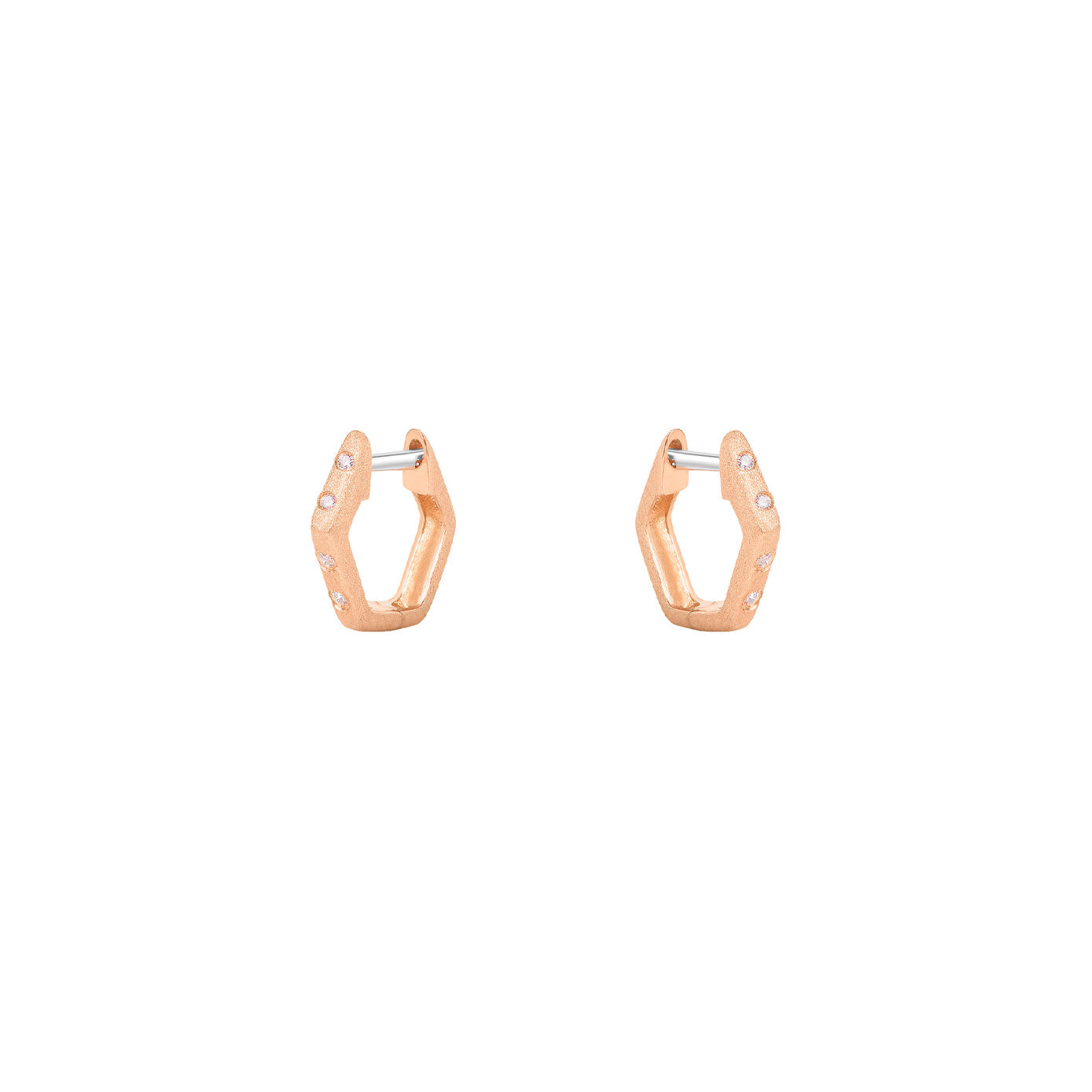 14 Karat Rose Gold Hexagonal Huggie Earrings With Flush Set Diamonds