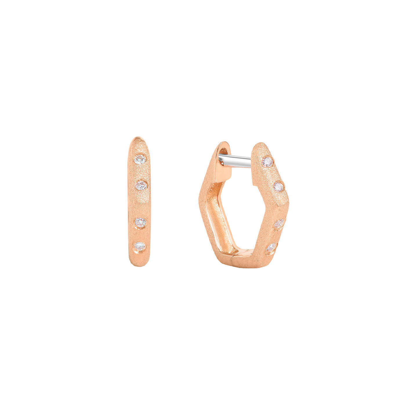 14 Karat Rose Gold Hexagonal Huggie Earrings With Flush Set Diamonds
