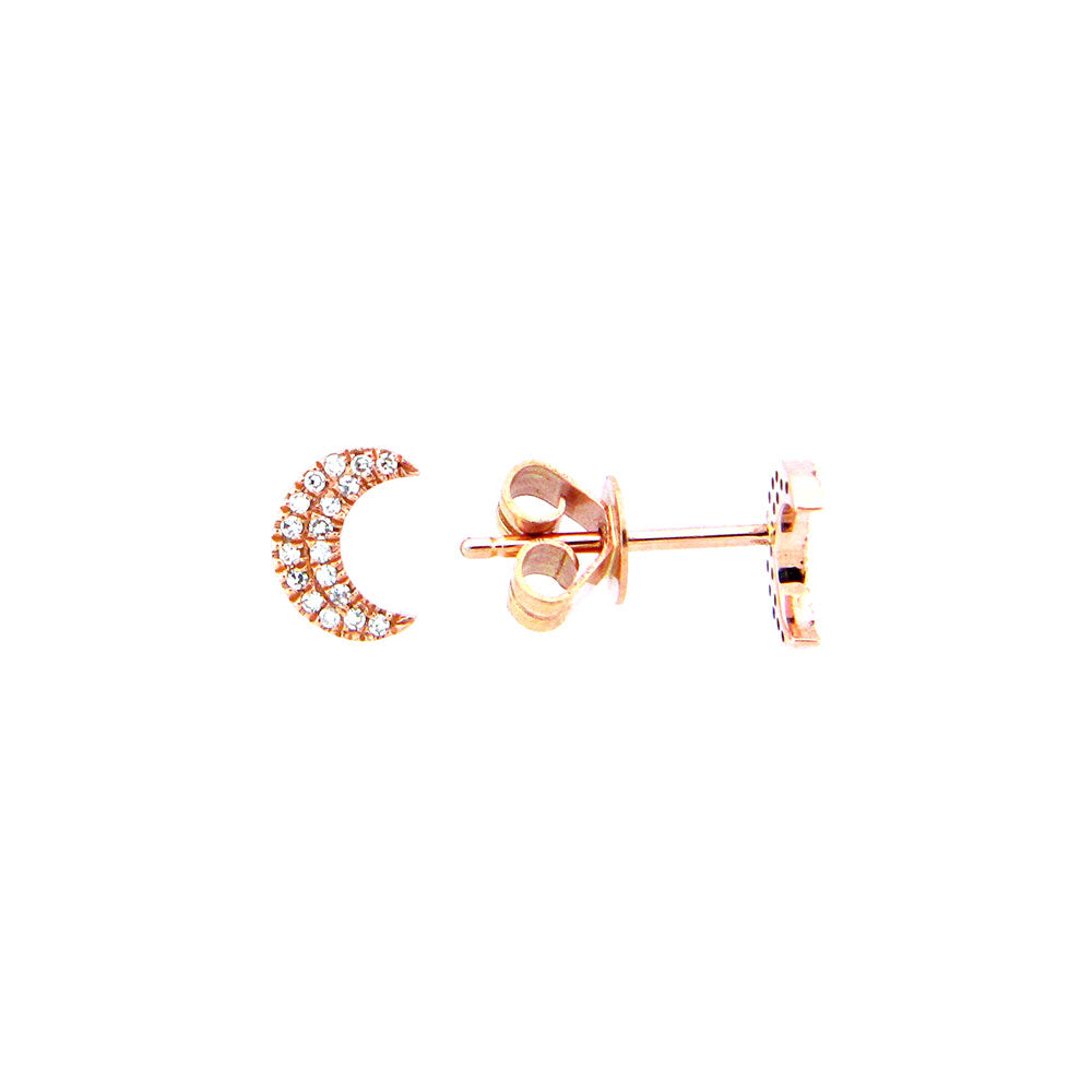 14 Karat Rosé Gold Crescent Moon Stud Earrings with Diamonds