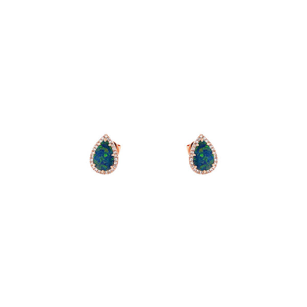 14 Karat Rose Gold Halo Earrings With Black Opal Doublets And Diamonds