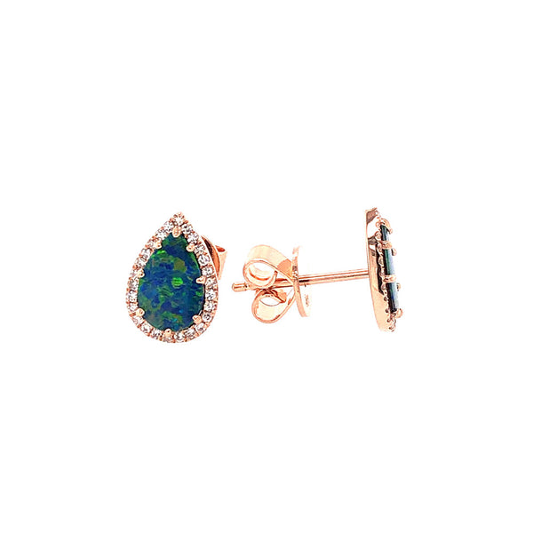 14 Karat Rose Gold Halo Earrings With Black Opal Doublets And Diamonds