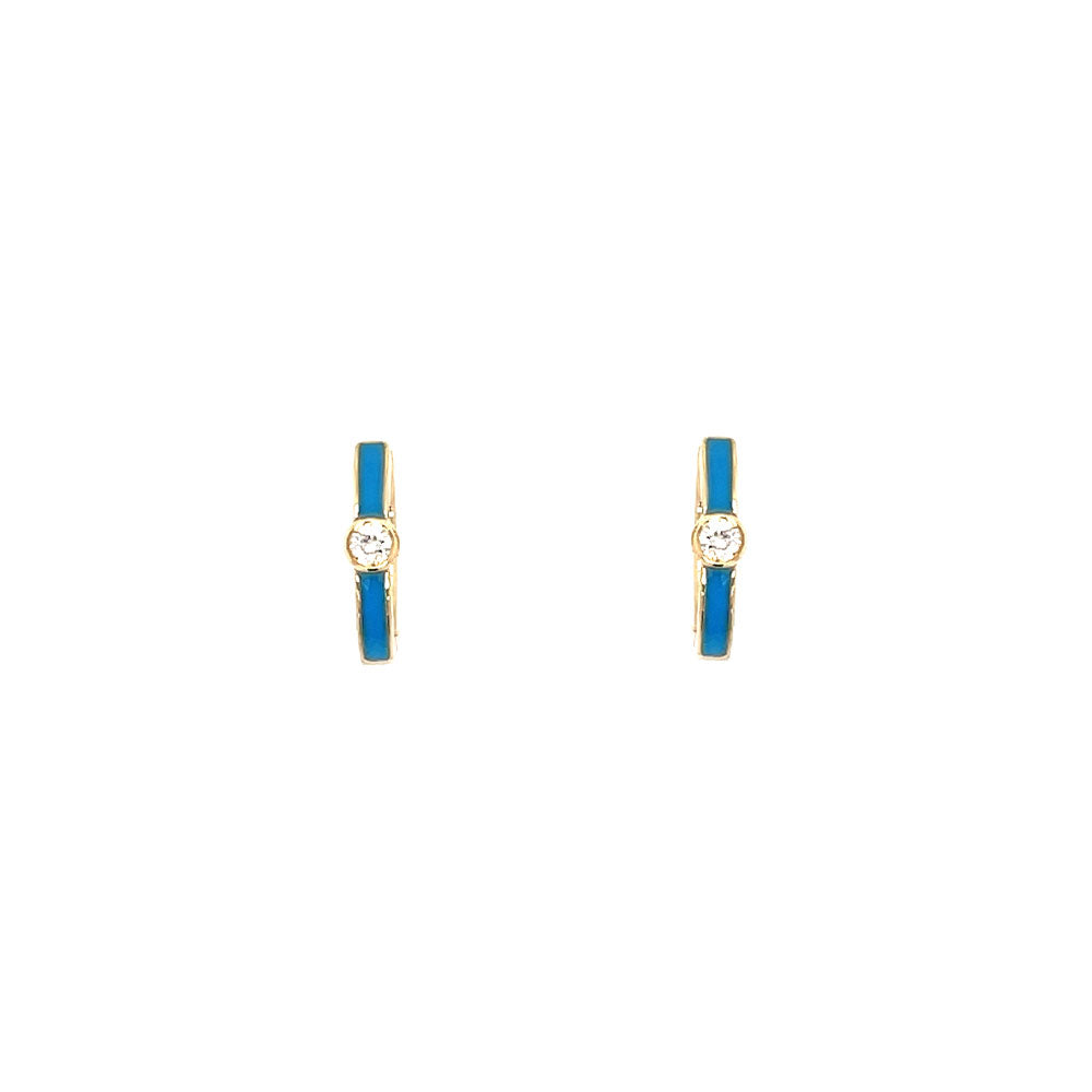 14 Karat Yellow Gold Huggie Earrings With Diamonds and Blue Enamel