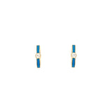 14 Karat Yellow Gold Huggie Earrings With Diamonds and Blue Enamel