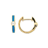 14 Karat Yellow Gold Huggie Earrings With Diamonds and Blue Enamel