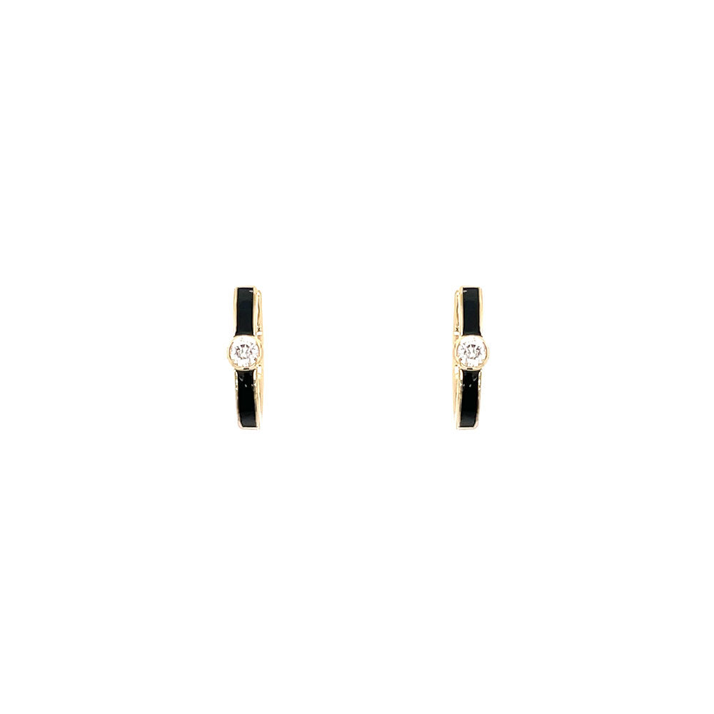 14 Karat Yellow Gold Huggie Earrings With Diamonds and Black Enamel