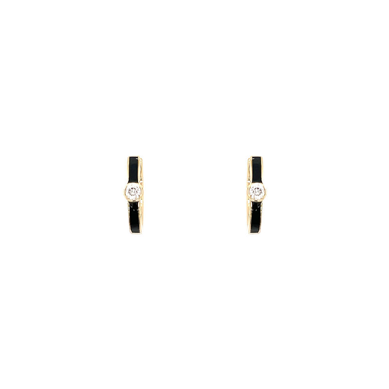 14 Karat Yellow Gold Huggie Earrings With Diamonds and Black Enamel