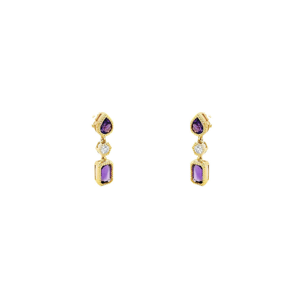 14 Karat Yellow Gold Drop Earrings with Amethysts and Diamonds