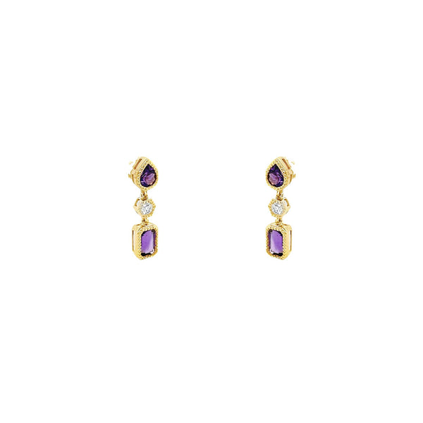 14 Karat Yellow Gold Drop Earrings with Amethysts and Diamonds