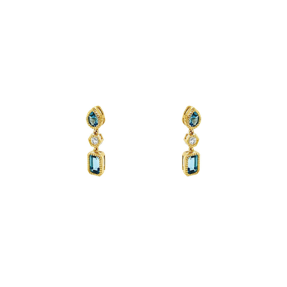 14 Karat Yellow Gold Drop Earrings with Blue Topaz and Diamonds