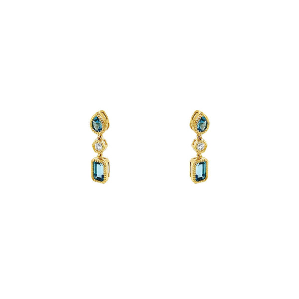 14 Karat Yellow Gold Drop Earrings with Blue Topaz and Diamonds