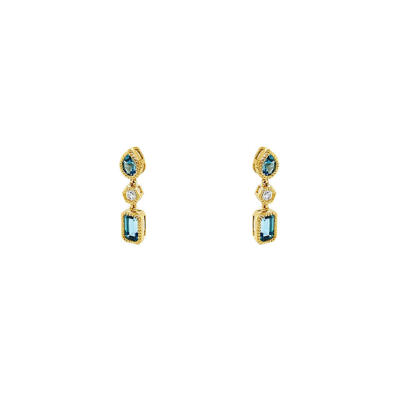 14 Karat Yellow Gold Drop Earrings with Blue Topaz and Diamonds