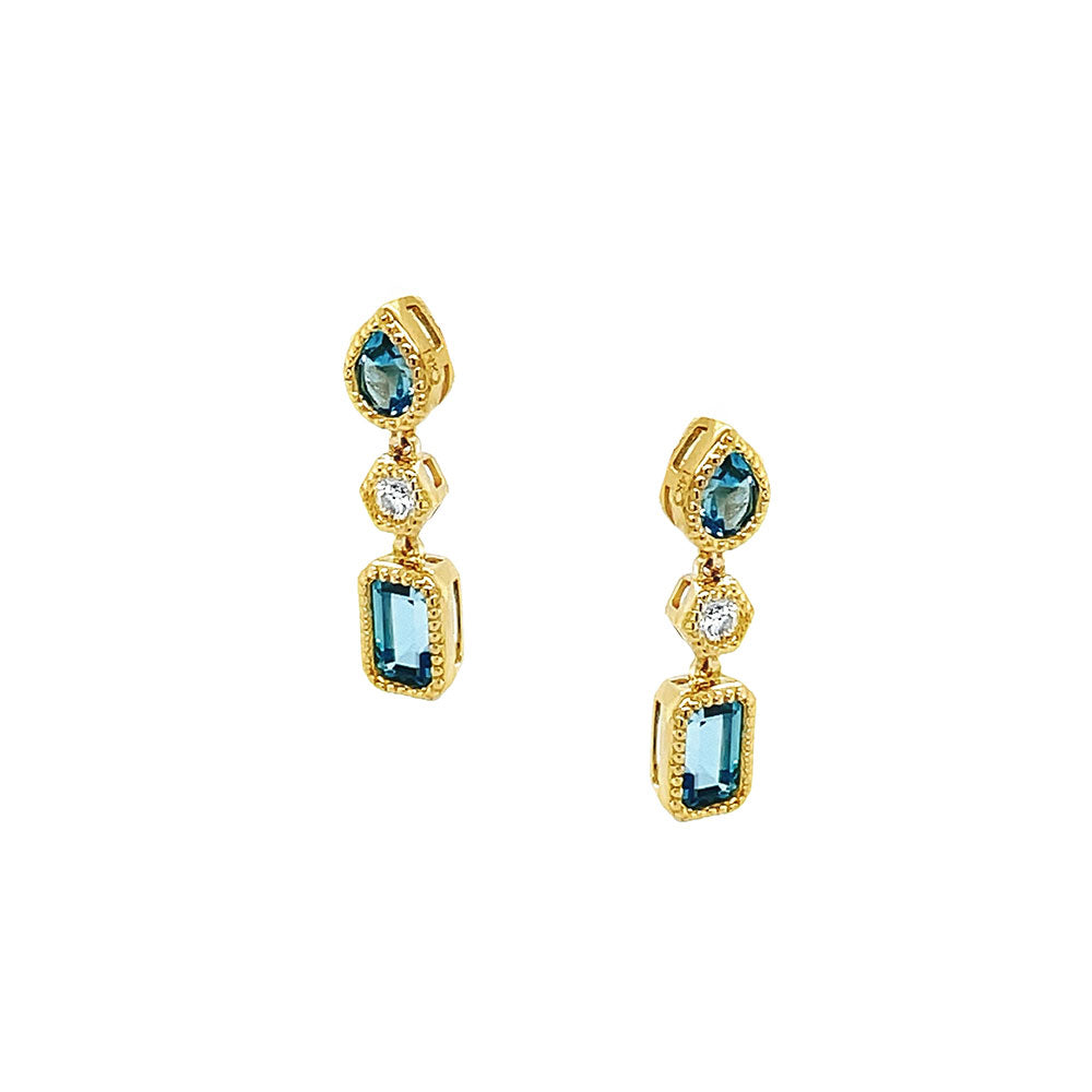 14 Karat Yellow Gold Drop Earrings with Blue Topaz and Diamonds