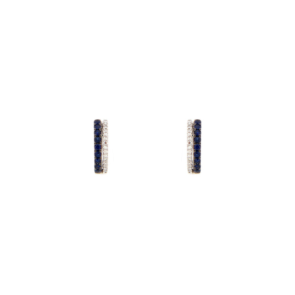 14 karat white gold huggies with Blue sapphires and diamonds
