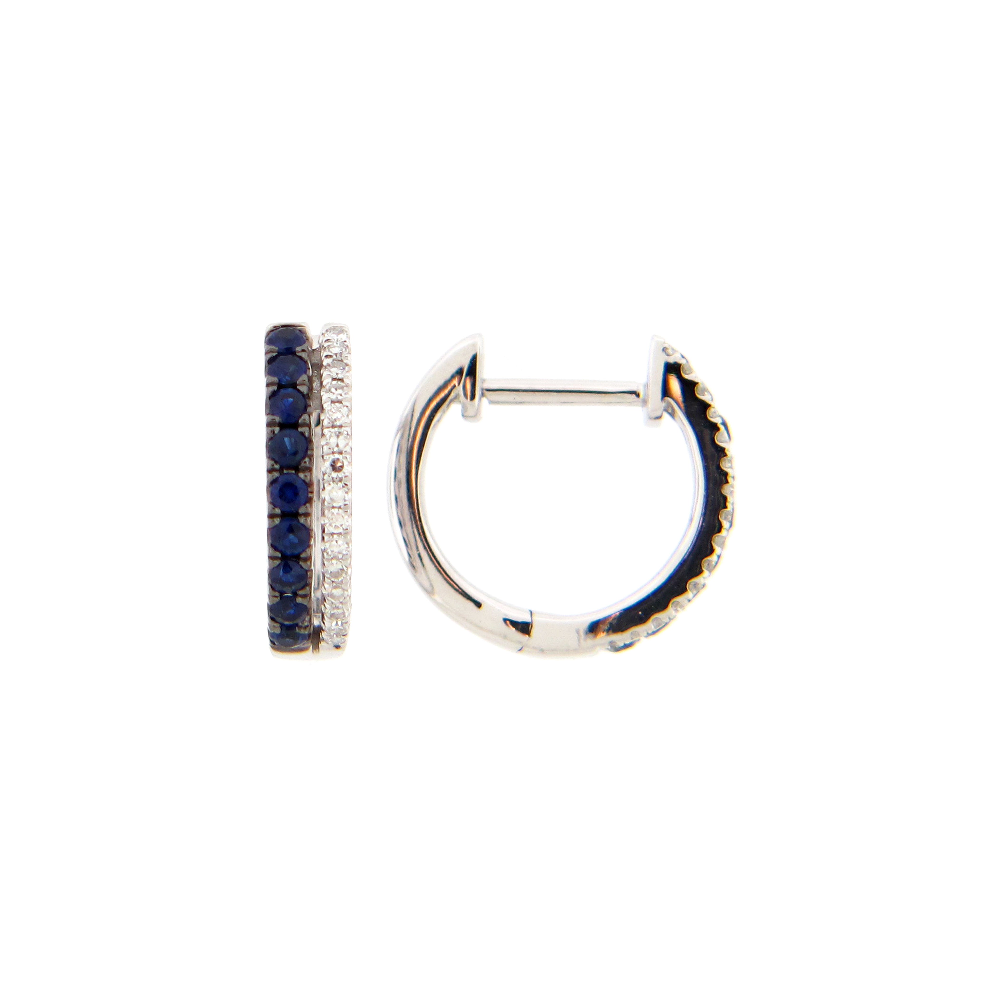 14 karat white gold huggies with Blue sapphires and diamonds
