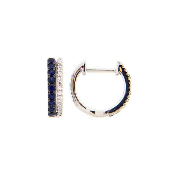 14 karat white gold huggies with Blue sapphires and diamonds