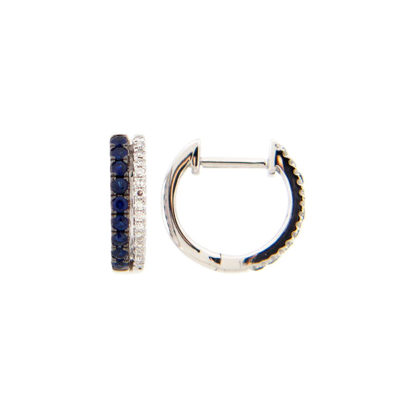 14 karat white gold huggies with Blue sapphires and diamonds