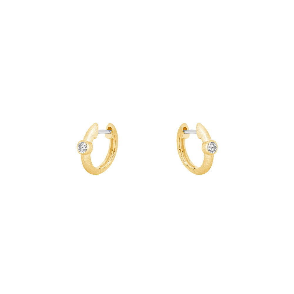 14 Karat Yellow MatteGold Huggy Earrings with Bezel Set Diamond