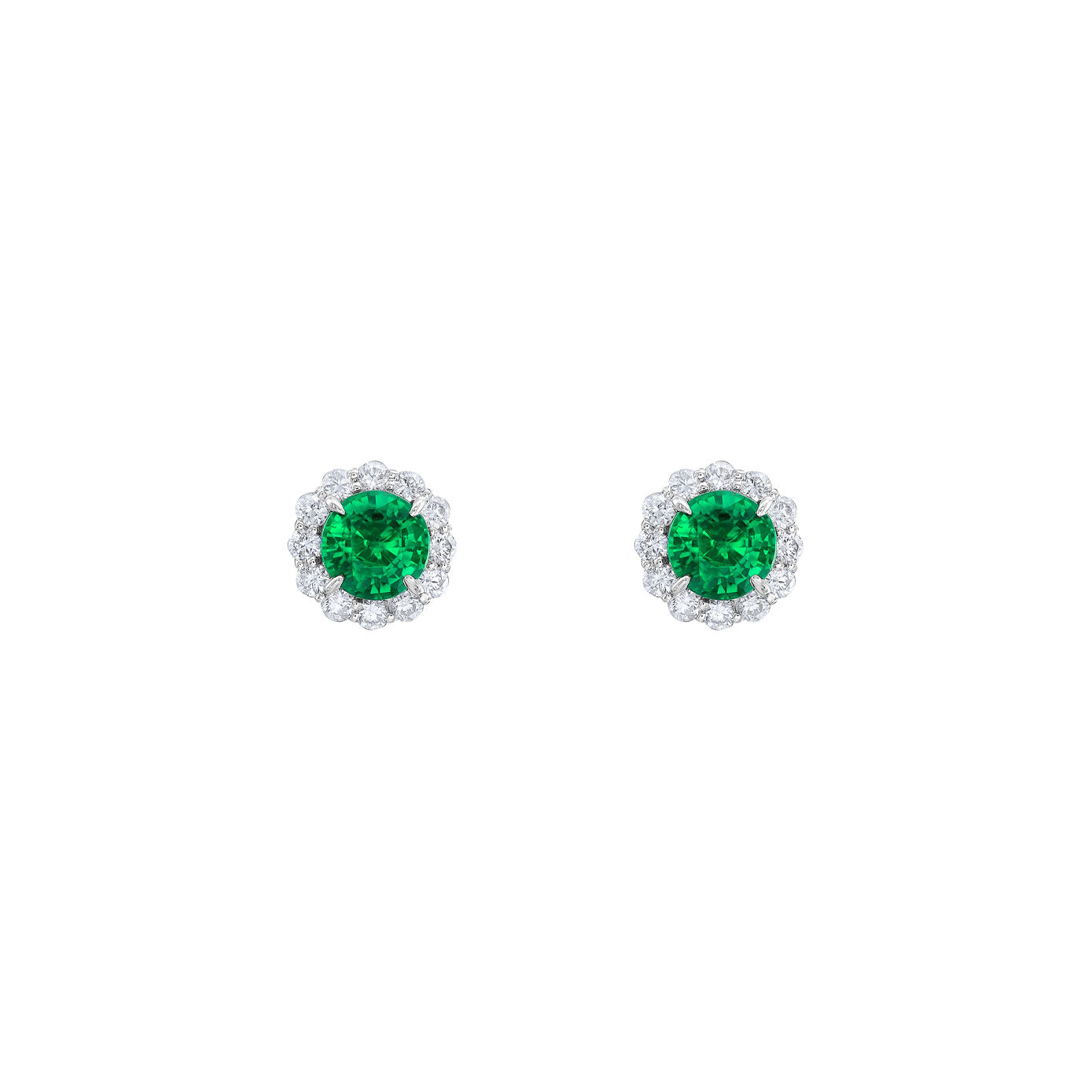14 Karat White Gold Halo Earrings With Emeralds And Diamonds