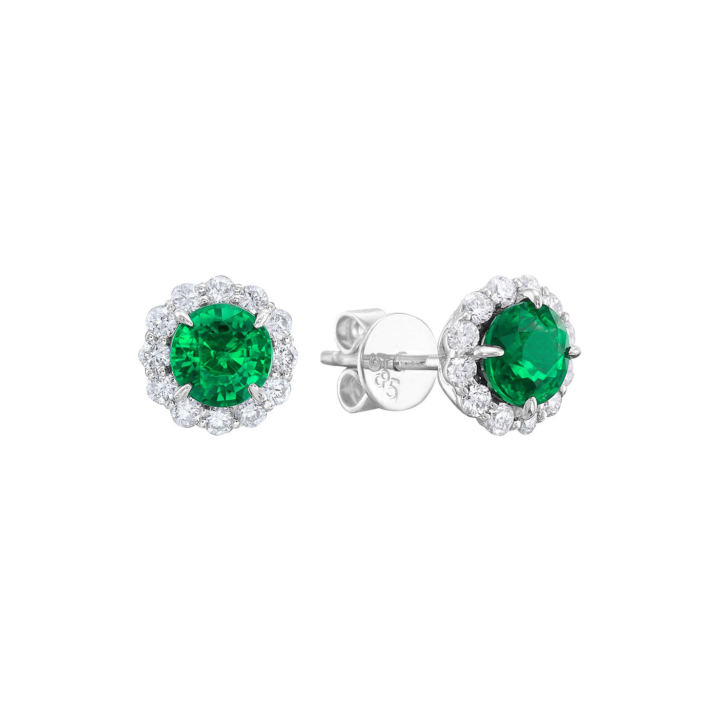 14 Karat White Gold Halo Earrings With Emeralds And Diamonds