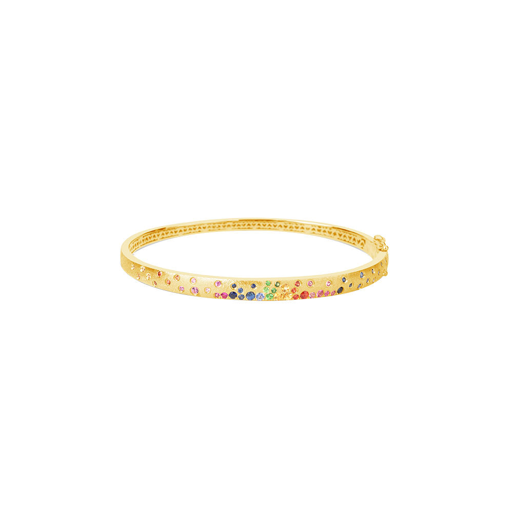 14 Karat Yellow Matte Gold Hinged Oval Bangle with Multi Colored Sapphires and Tsavorite