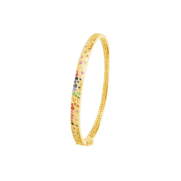14 Karat Yellow Matte Gold Hinged Oval Bangle with Multi Colored Sapphires and Tsavorite