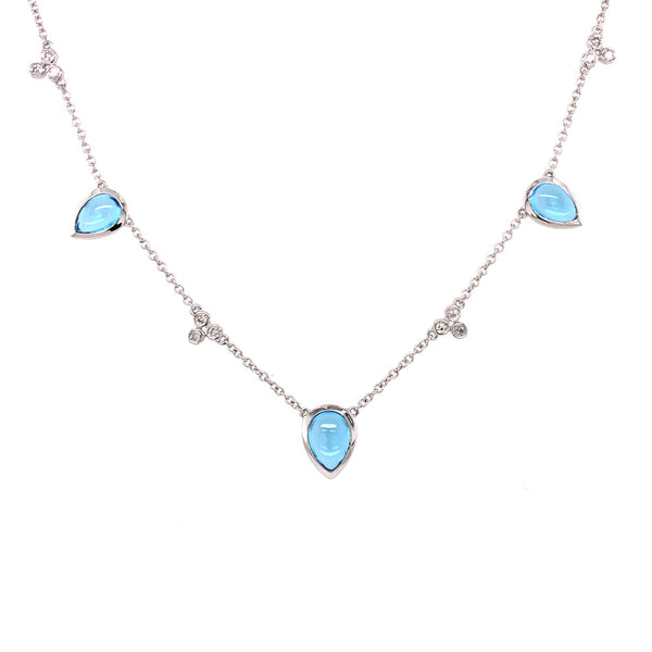 14 Karat Rose Gold 3 Stone Necklace With Blue Topaz And Diamonds