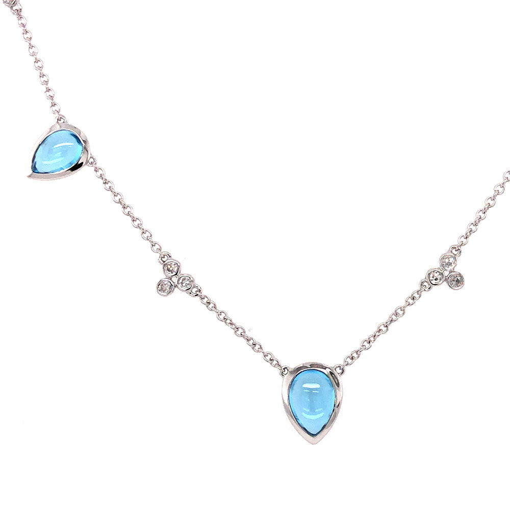 14 Karat Rose Gold 3 Stone Necklace With Blue Topaz And Diamonds