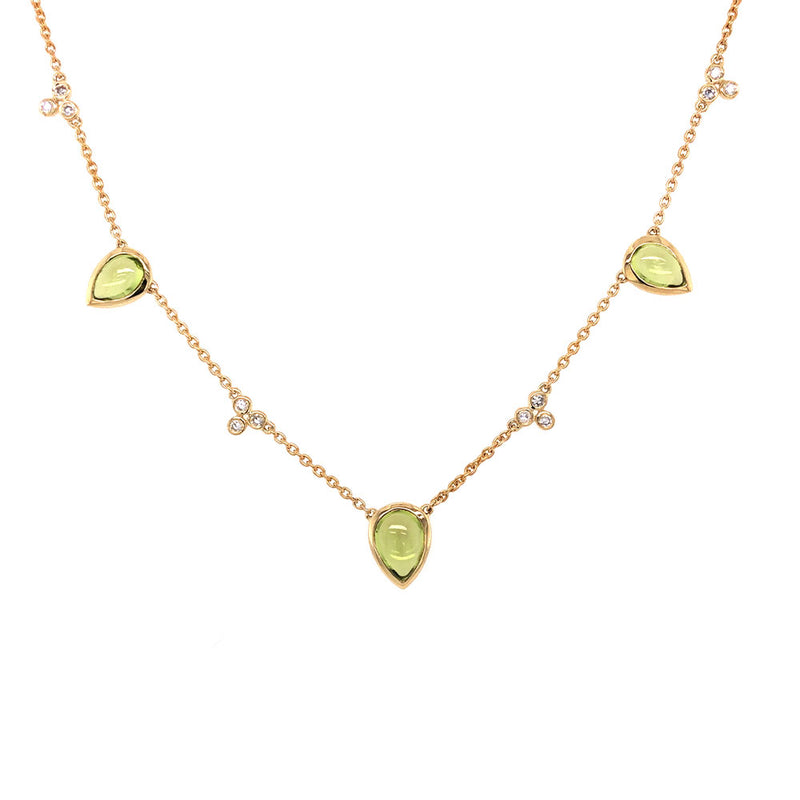 14 Karat Rose Gold 3 Stone Necklace With Peridots And Diamonds