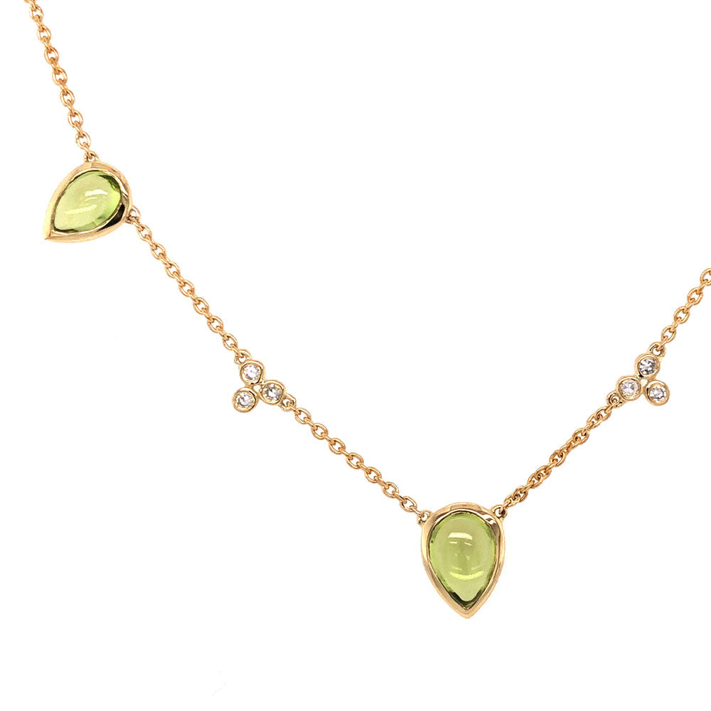 14 Karat Rose Gold 3 Stone Necklace With Peridots And Diamonds