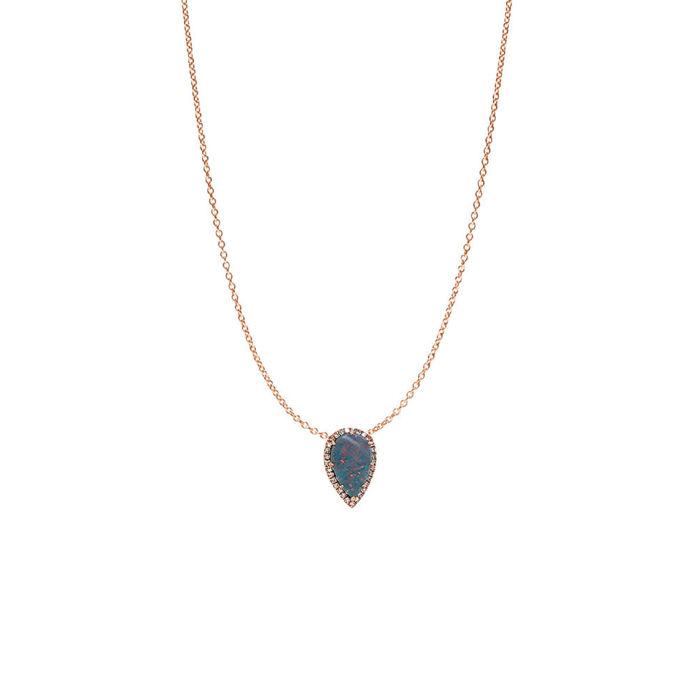 14 Karat Rose Gold Halo Necklace With A Black Opal Doublet And Diamonds