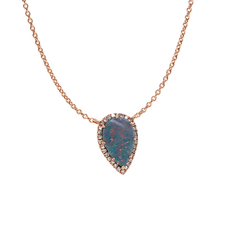 14 Karat Rose Gold Halo Necklace With A Black Opal Doublet And Diamonds