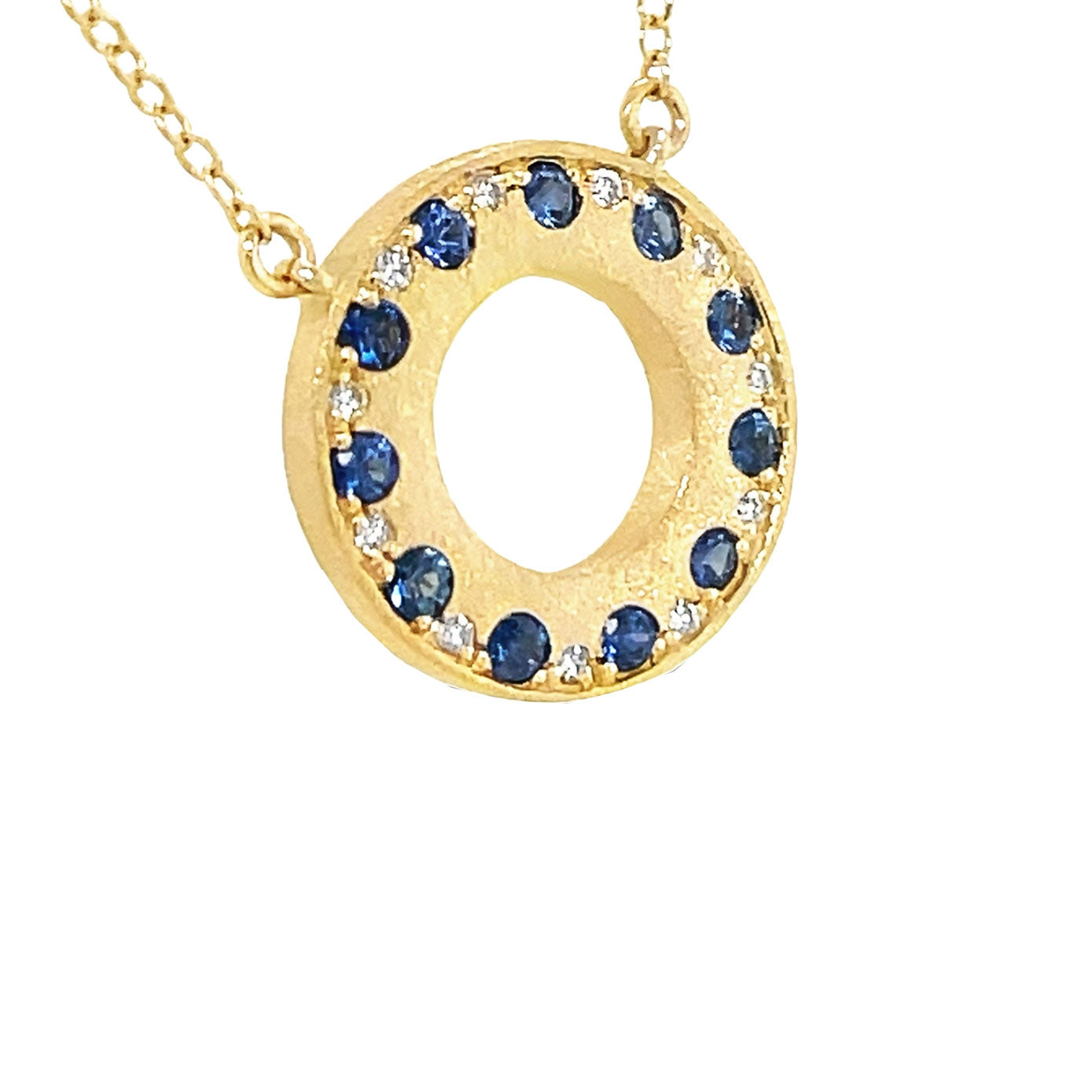 14 Karat Yellow Gold Open Halo Necklace With Blue Sapphires And Diamonds