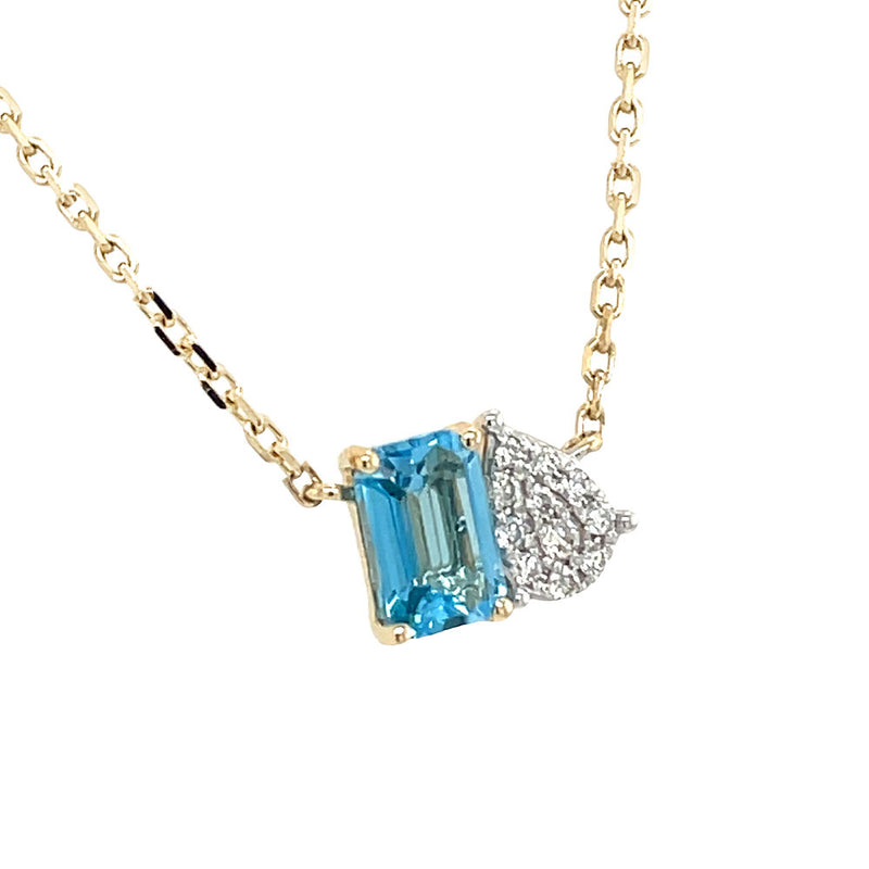 14 Karat Yellow Gold Toi Et Moi Necklace With A Emerald Cut Blue Topaz And Diamonds