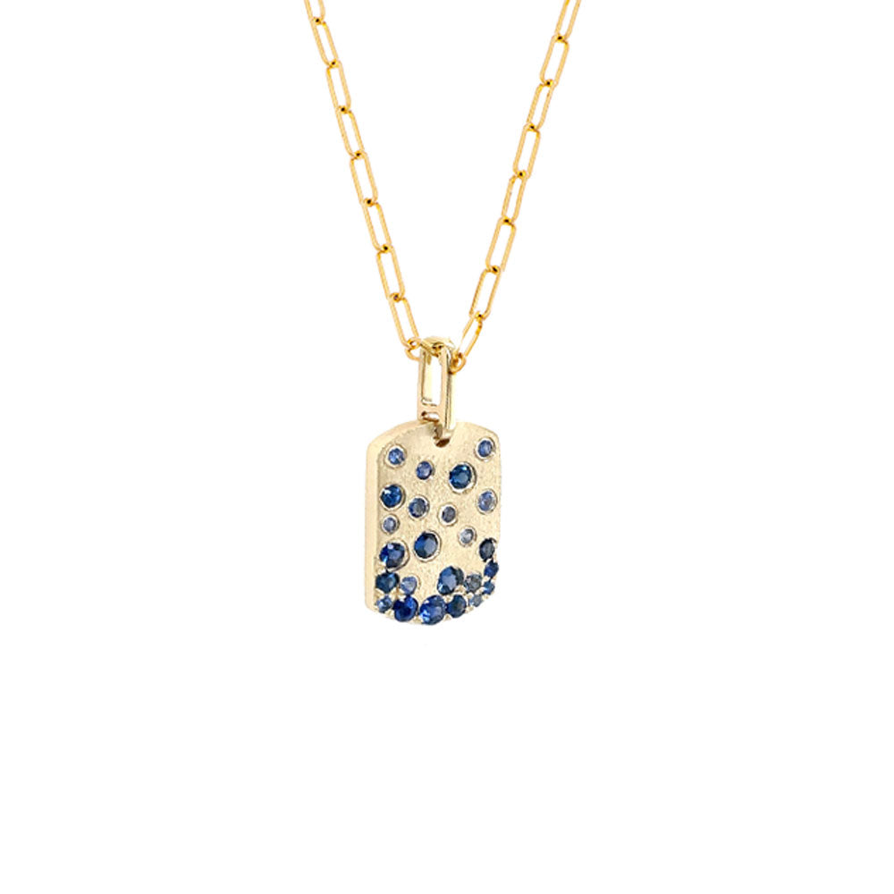 14 Karat Yellow Matte Gold Dog Tag Pendant with Blue Sapphires