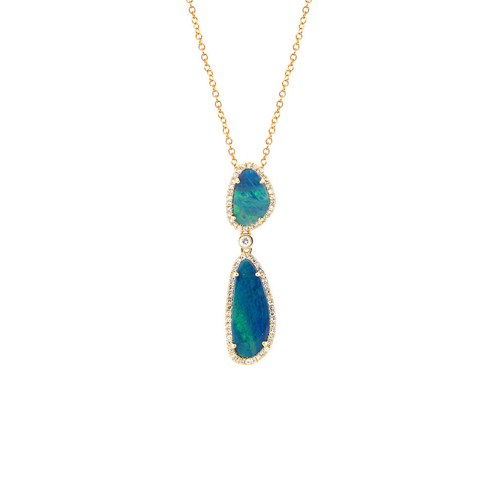 14 Karat Yellow Gold Black Opal double drop necklace