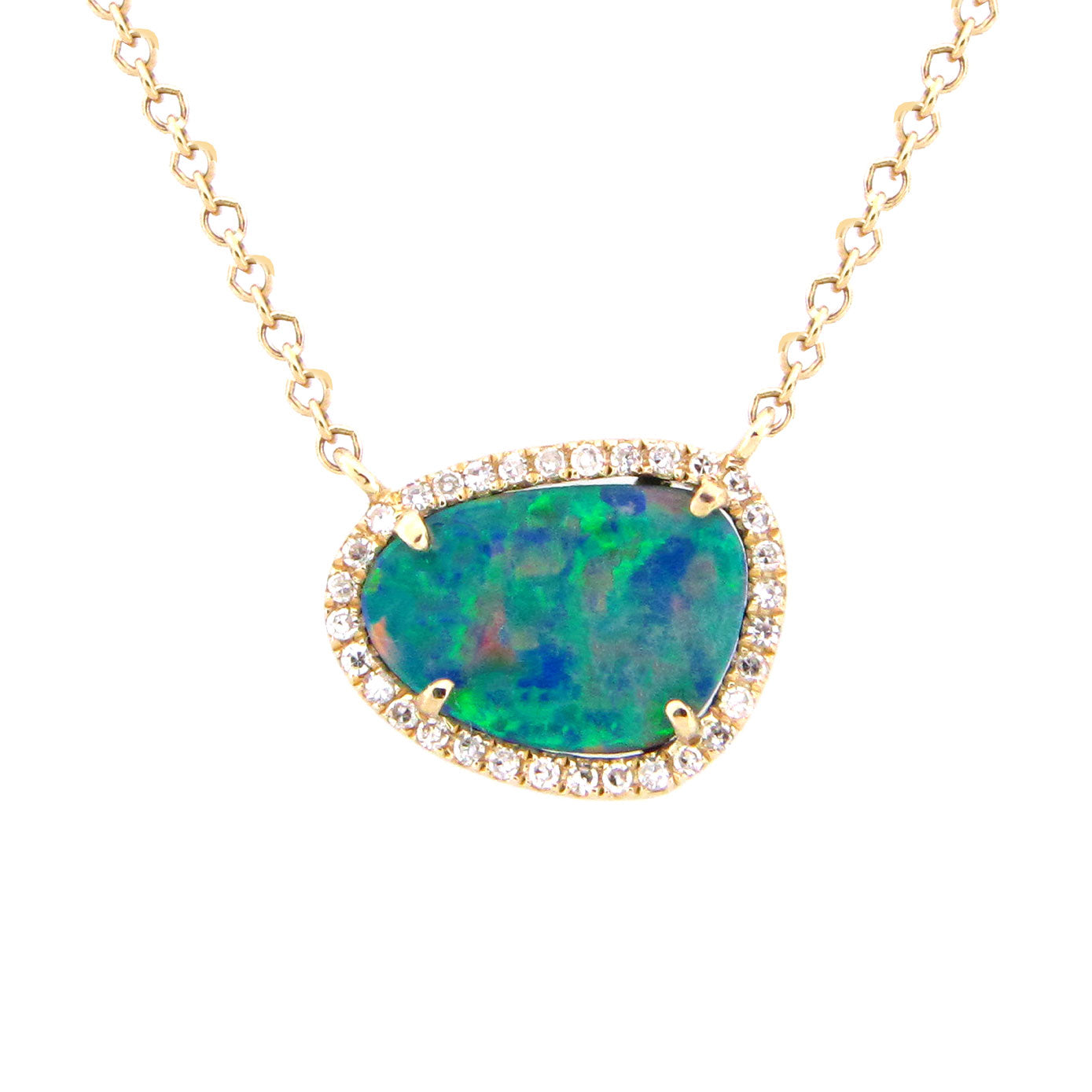 14 Karat Yellow Gold Halo Necklace With A Black Opal Doublet