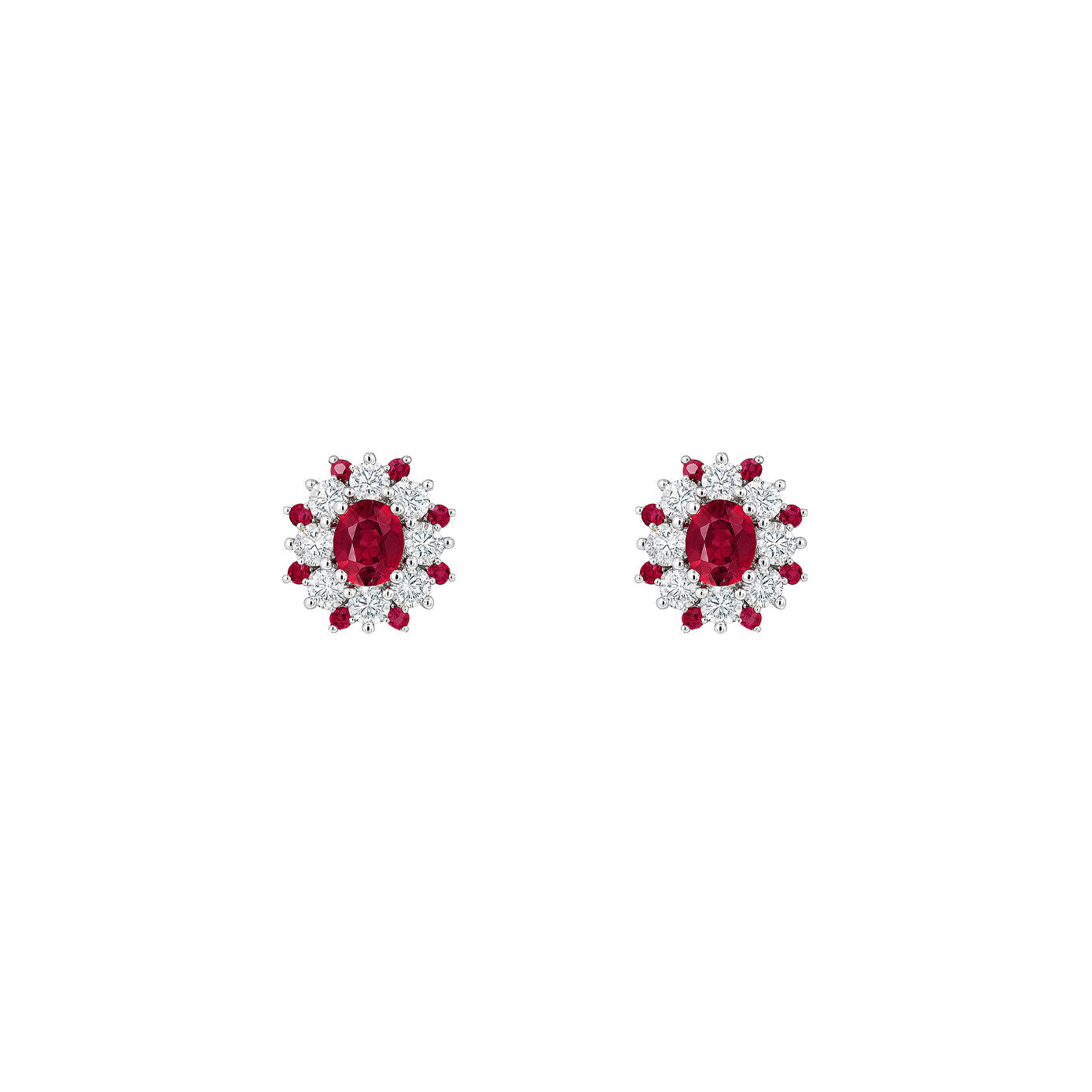 14 Karat White Gold Halo Earrings With Rubies And Diamonds