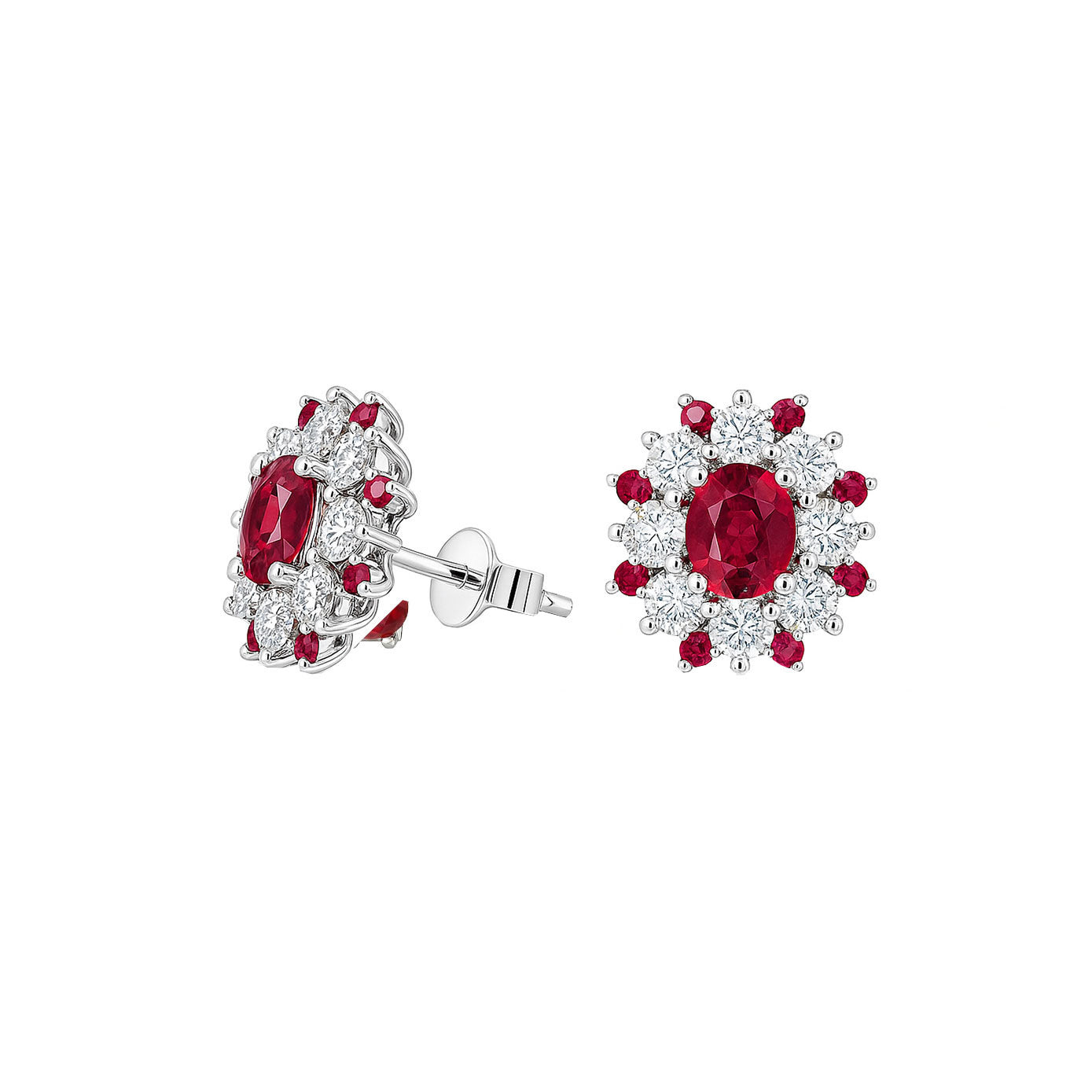 14 Karat White Gold Halo Earrings With Rubies And Diamonds