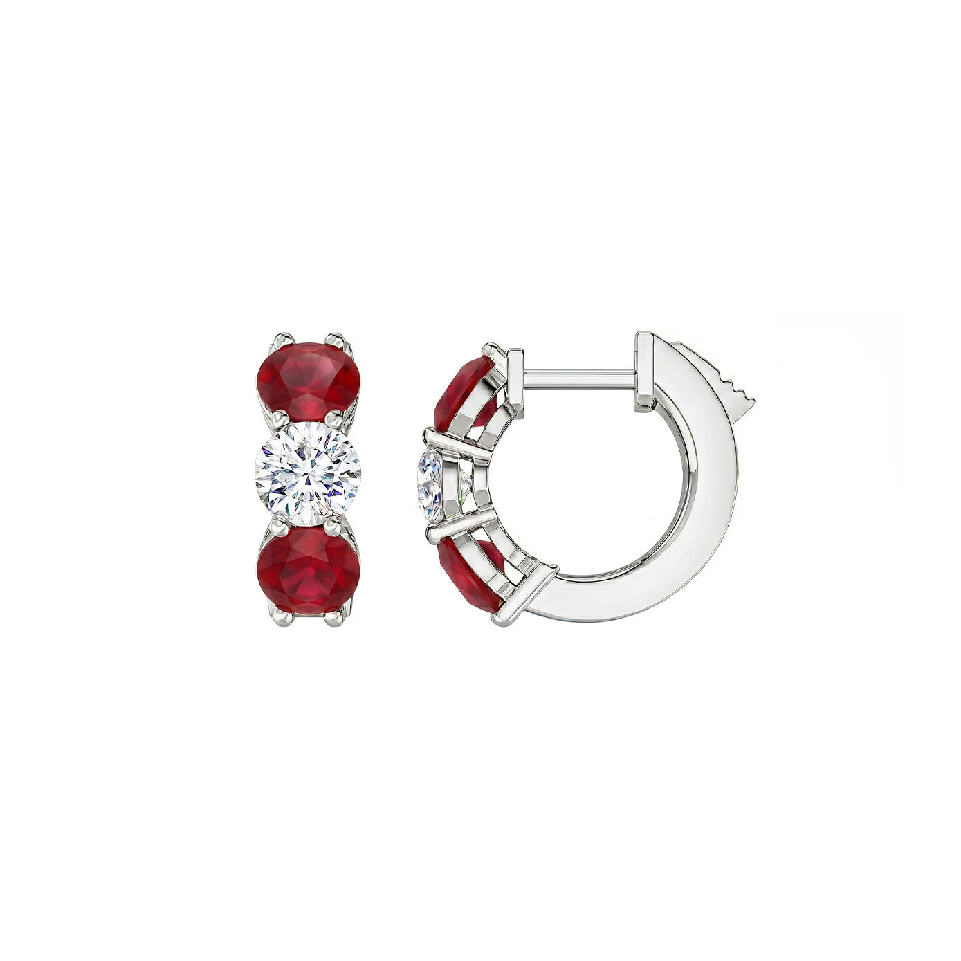 14 Karat White Gold Huggie Earrings With Rubies And Diamonds