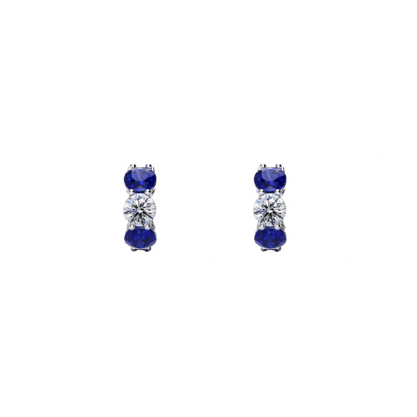 14 Karat White Gold Huggie Earrings With Blue Sapphires And Diamonds