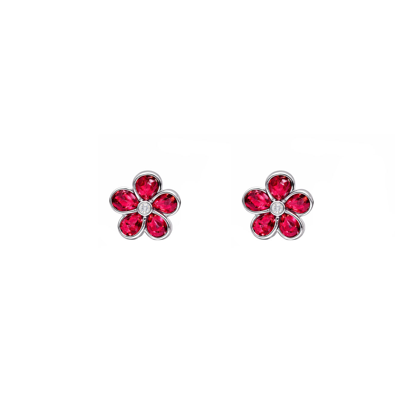 14 Karat White Gold Flower Earrings With Rubies And Diamonds