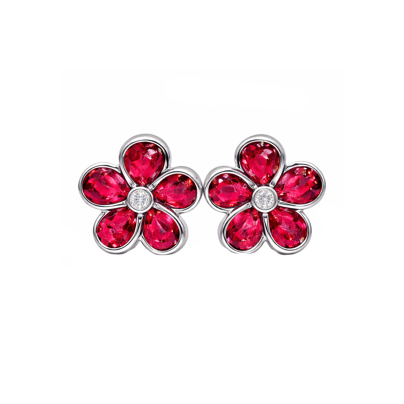 14 Karat White Gold Flower Earrings With Rubies And Diamonds