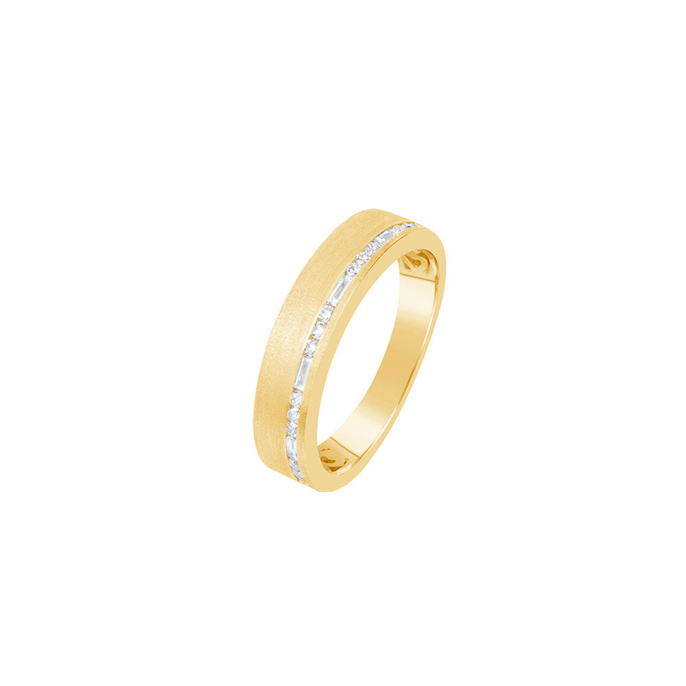 14 Karat Yellow Gold Band With Round And Baguette Diamonds, Symbolizing Eternal Love And Commitment.