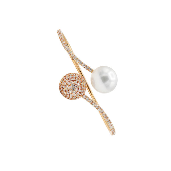 18 Karat Rose Gold Bangle with a South Sea Pearl and Round Diamonds