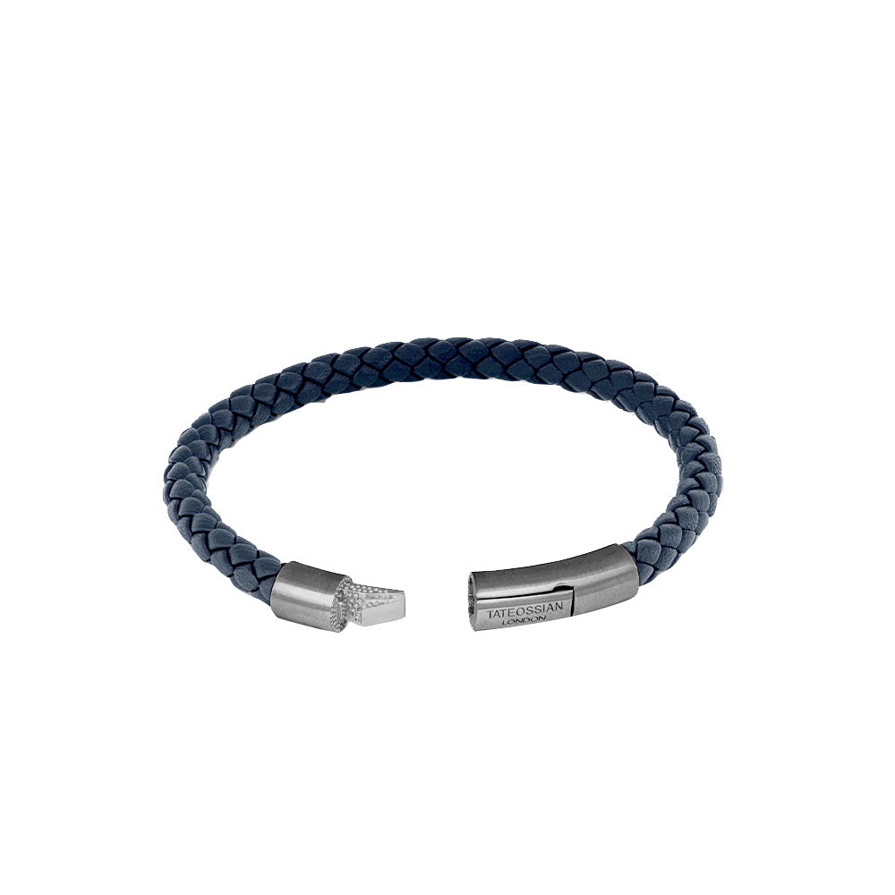 Black Ruthenium Mens Navy Blue Braided Leather Bracelet