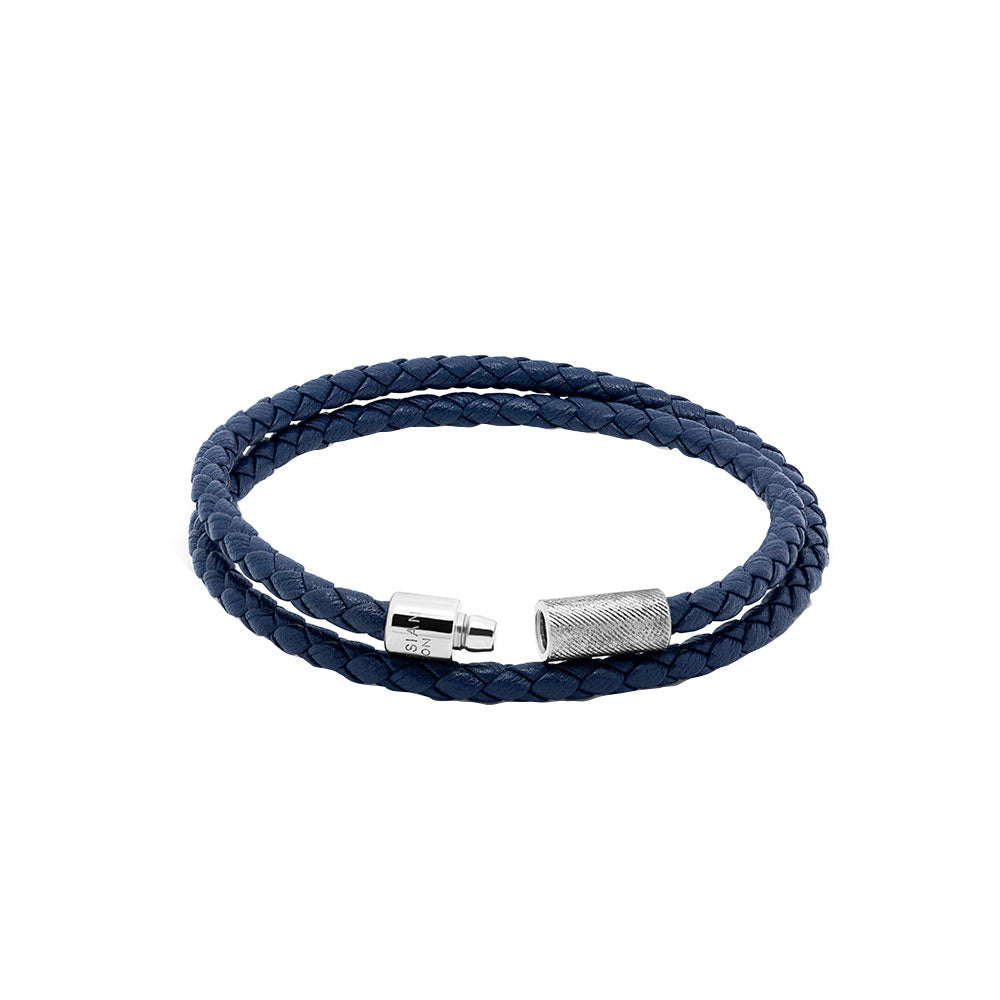 Sterling Silver Mens Navy Blue Braided Leather Bracelet